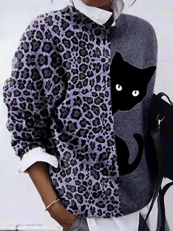 Women's Sweaters Leopard Cat Crew Neck Long Sleeve T-Shirt