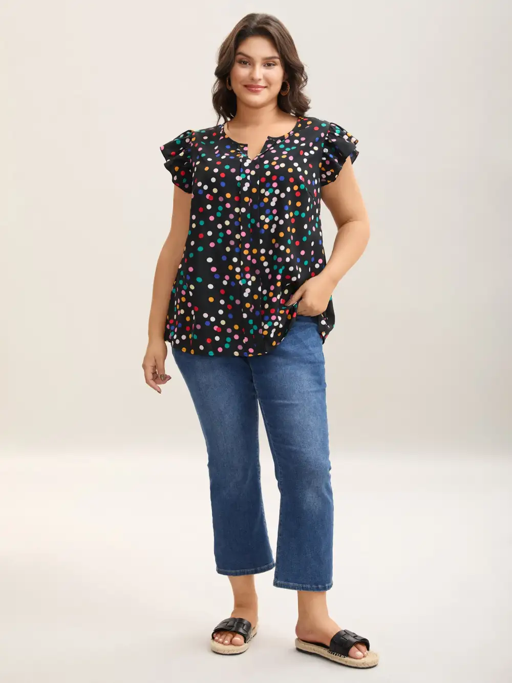 Polka Dot Flutter Sleeve Blouse