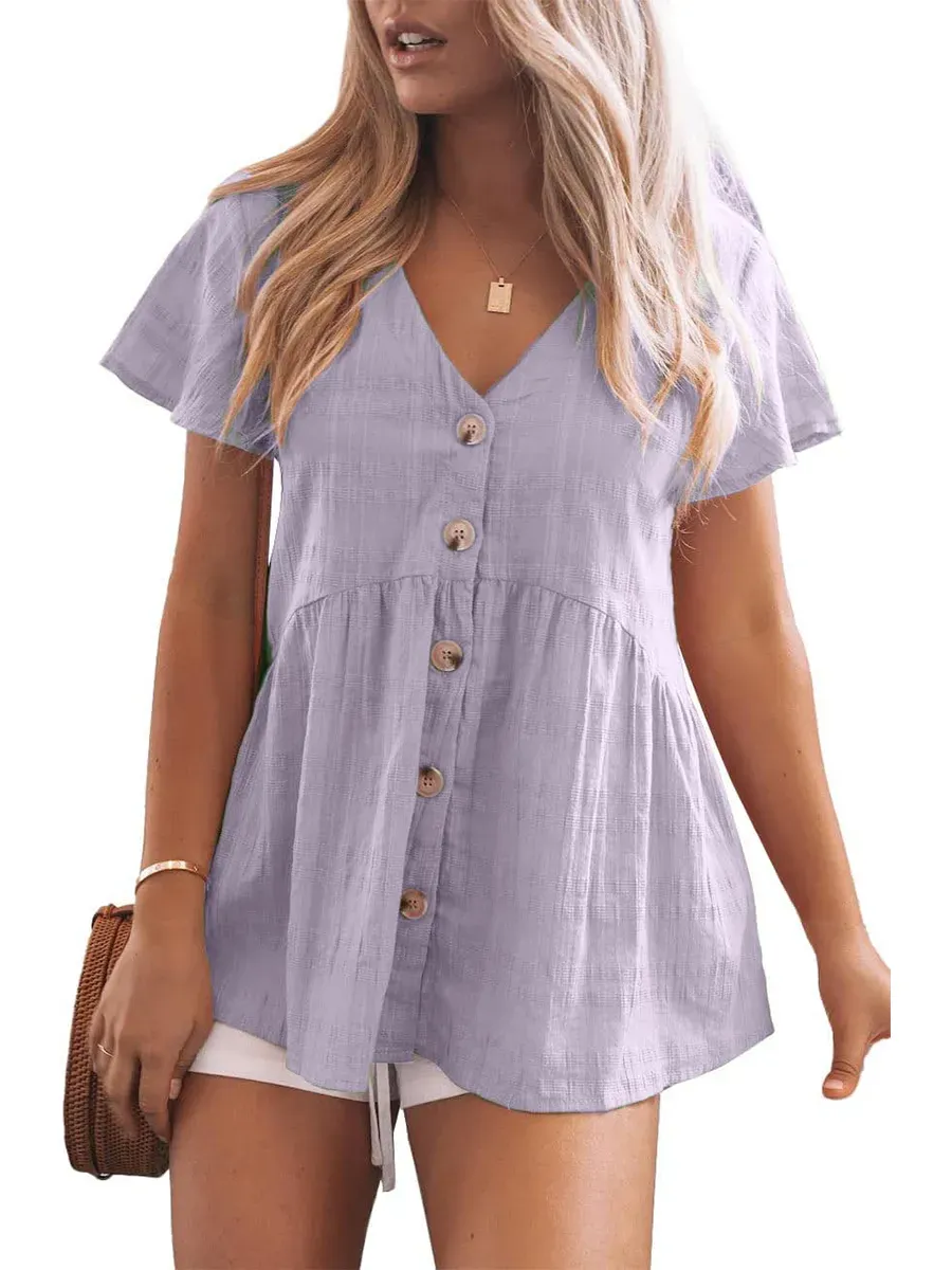 Women's Short Sleeve V Neck Blouse Button Down Shirt Loose Casual Ruffle Hem Babydoll Peplum Top