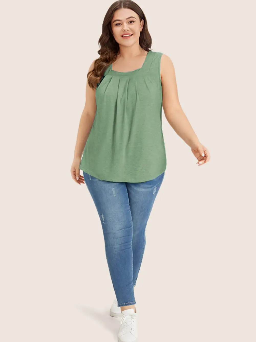 Heather Plicated Detail Square Neck Tank Top