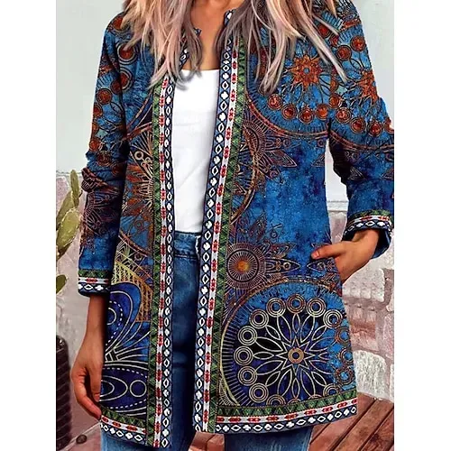 Women's Casual Lightweight Coat Open Front Work Print Geometric Comfortable Boho Vintage Regular Fit Long Sleeve With Pocket Outerwear Long Sleeve Fall Lake blue S
