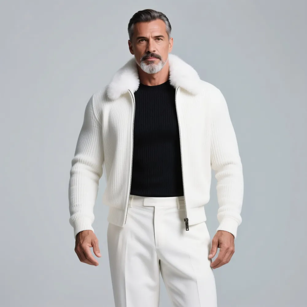 Men's Plush Turndown Collar Long Sleeve Zip Up Rib Knitted Jacket
