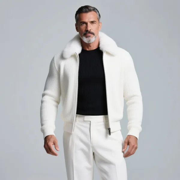 Men's Plush Turndown Collar Long Sleeve Zip Up Rib Knitted Jacket