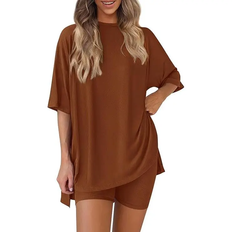 Women’s Oversized Lounge Set-Breathable Crewneck Top & Pocket Shorts