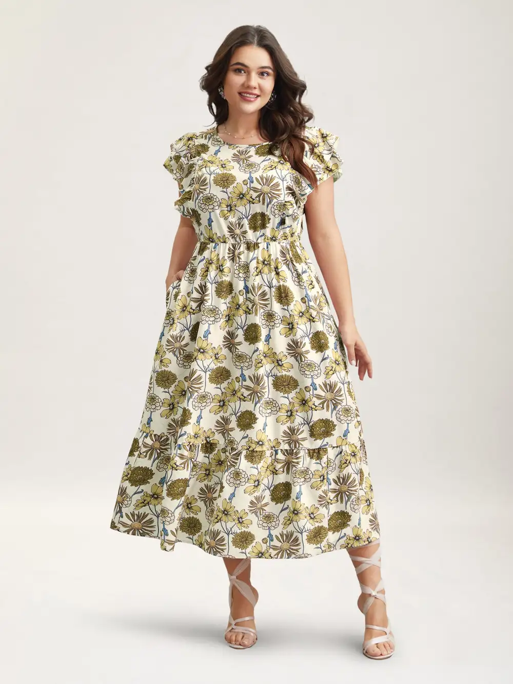 Ruffled Floral Print Stretchy-Waist Midi Dress