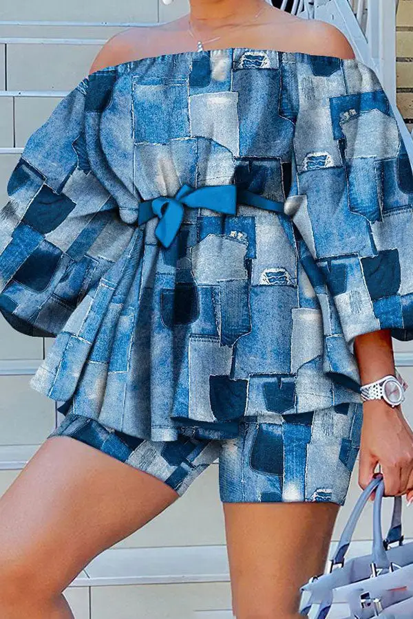 Denim Print Off-Shoulder Belted Pant Set