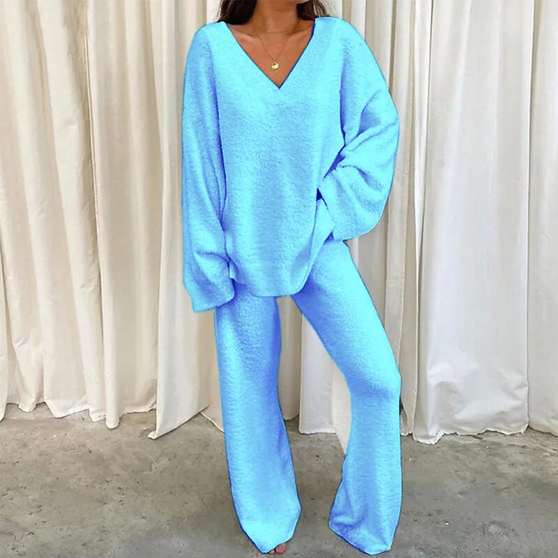 Comfortable Solid Color V-neck Daily  Two-piece Set