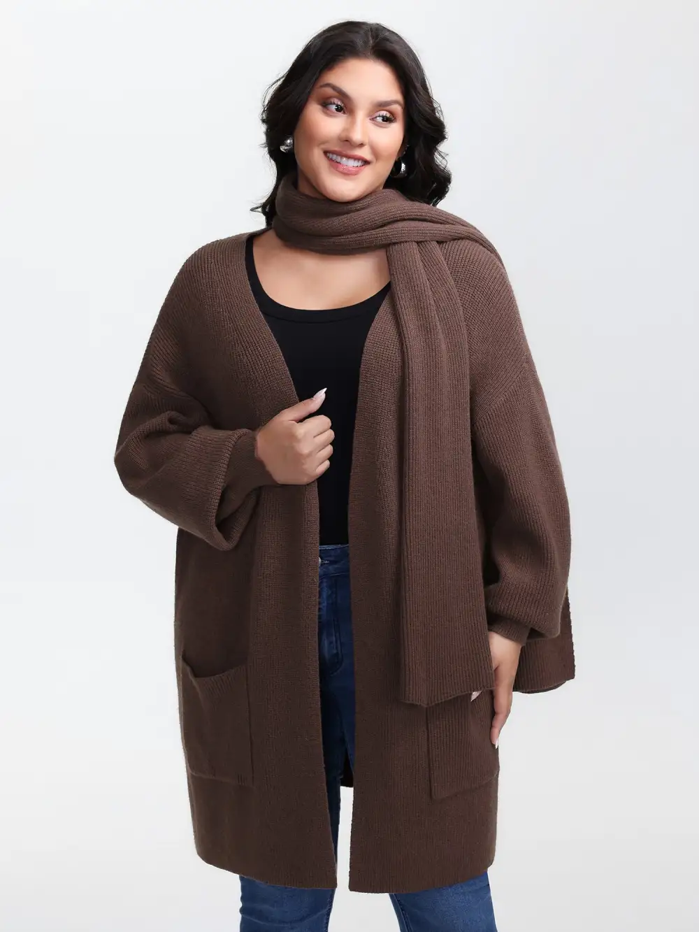 Textured Scarf Pockets Knit Cardigan