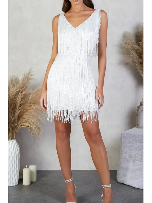 Women‘s Party Dress Fringe Dress Short Mini Dress White Gold Sleeveless Pure Color Tassel Fringe Spring Summer Spaghetti Strap Party Sexy Gatsby Party 2023 S M L XL XXL / Winter