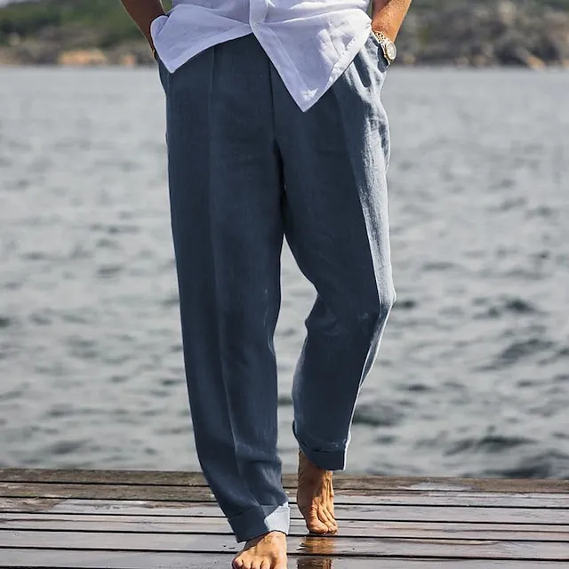 Men's Linen Pants Trousers Summer Pants Beach Pants Pocket Plain Comfort Breathable Outdoor Daily Going out Linen / Cotton Blend Fashion Streetwear Black White