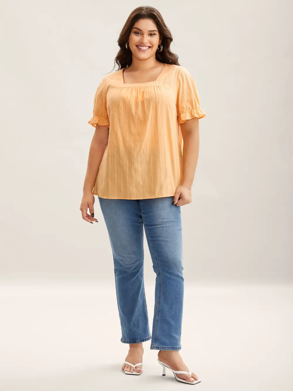 Cotton Square Neck Ruffled Sleeve Shirt