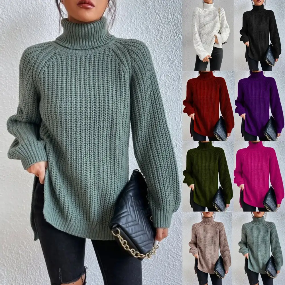 Christmas Sale - 49% off-Cotton Turtleneck Raglan Sleeve Split Hem Sweater