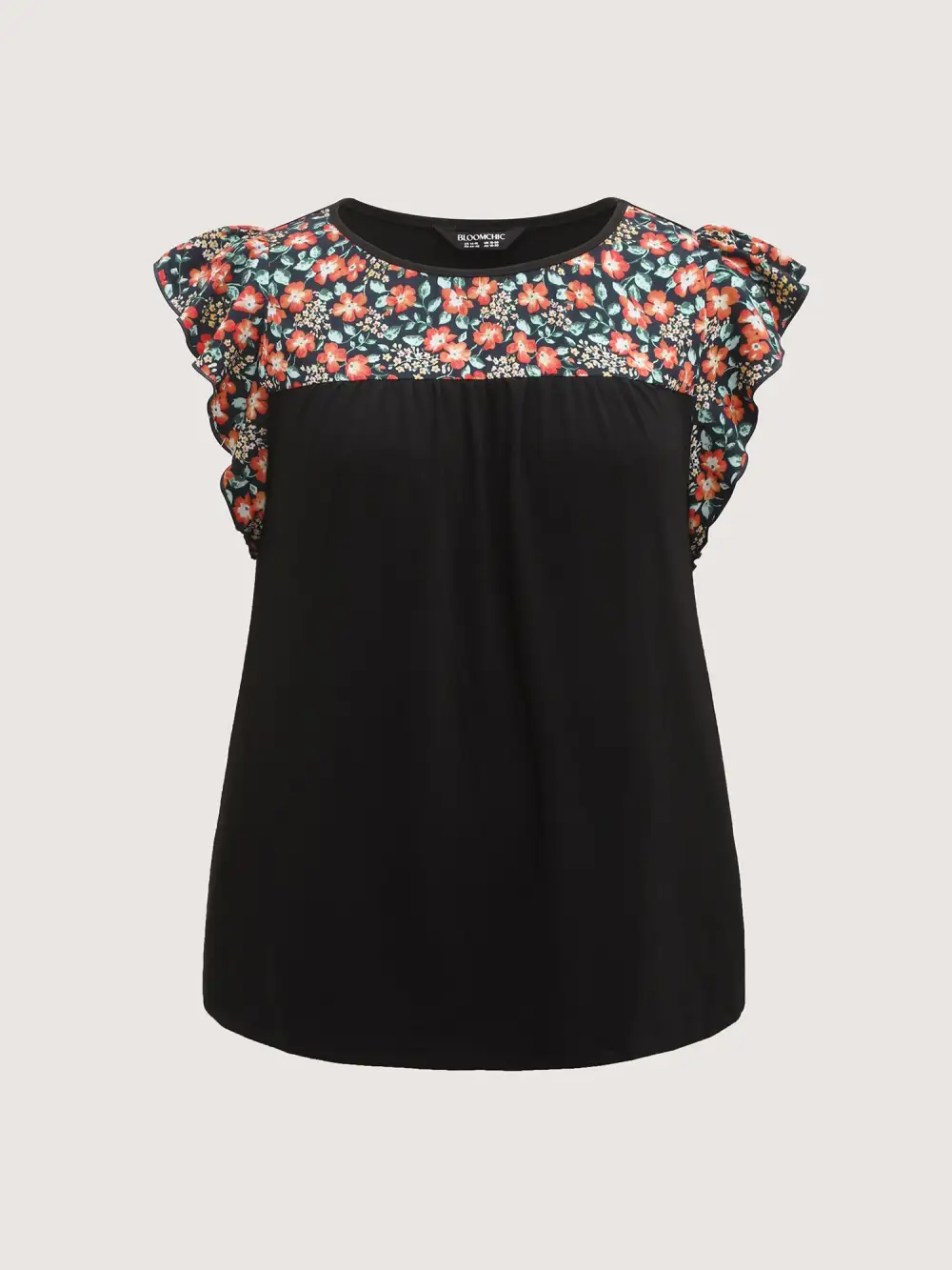 Floral Neckline Flutter Sleeve Contrast T-Shirt
