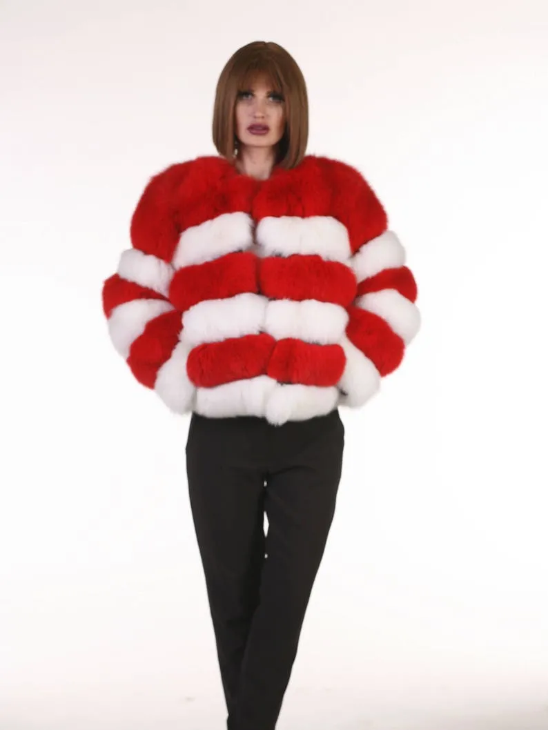Red and White Fox Fur Jacket