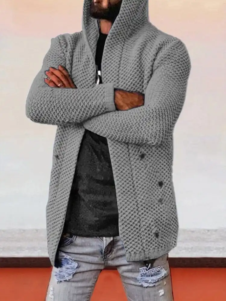 Solid Hooded Holey Sweater Coat