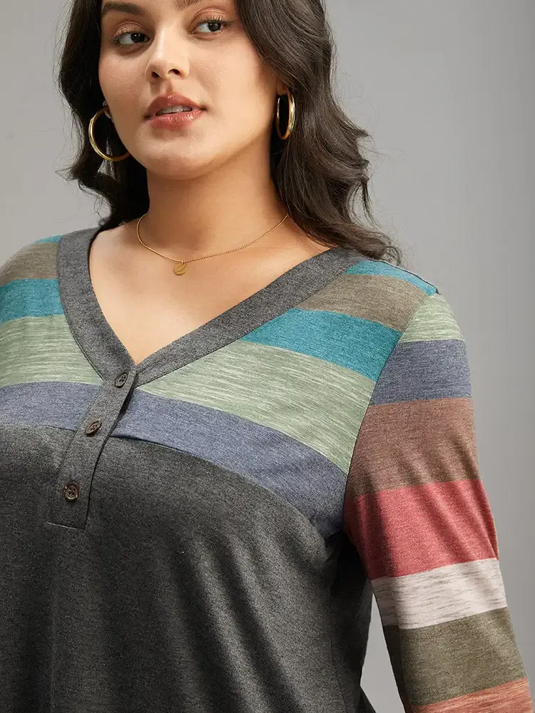 Colorblock Contrast V Neck Button Up T-Shirt