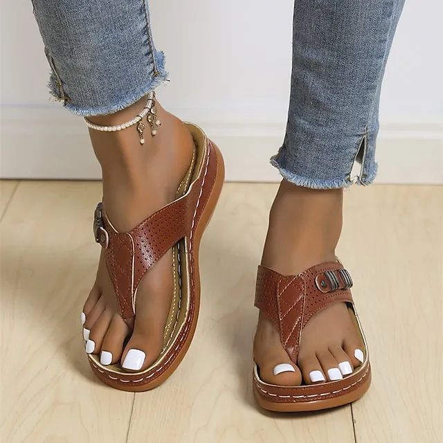 Women's Flip-Flops Flip-Flops Wedge Heel Open Toe Casual PU Leather Loafer Black Blue Brown
