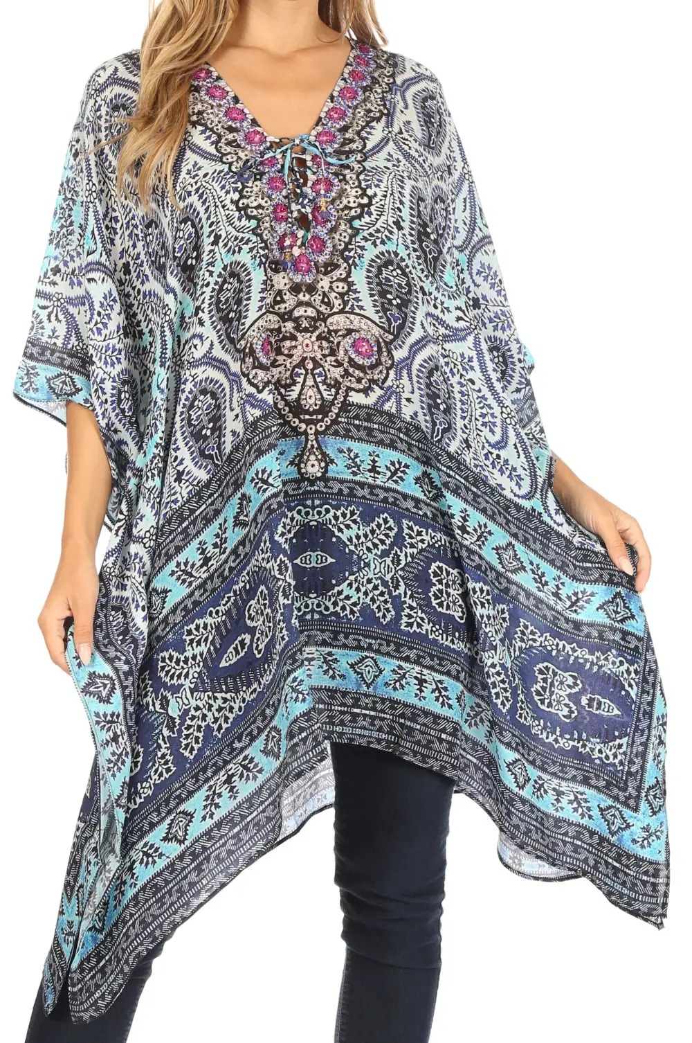 Women's Caftan Poncho Cover up V neck Top Lace up With Rhinestone