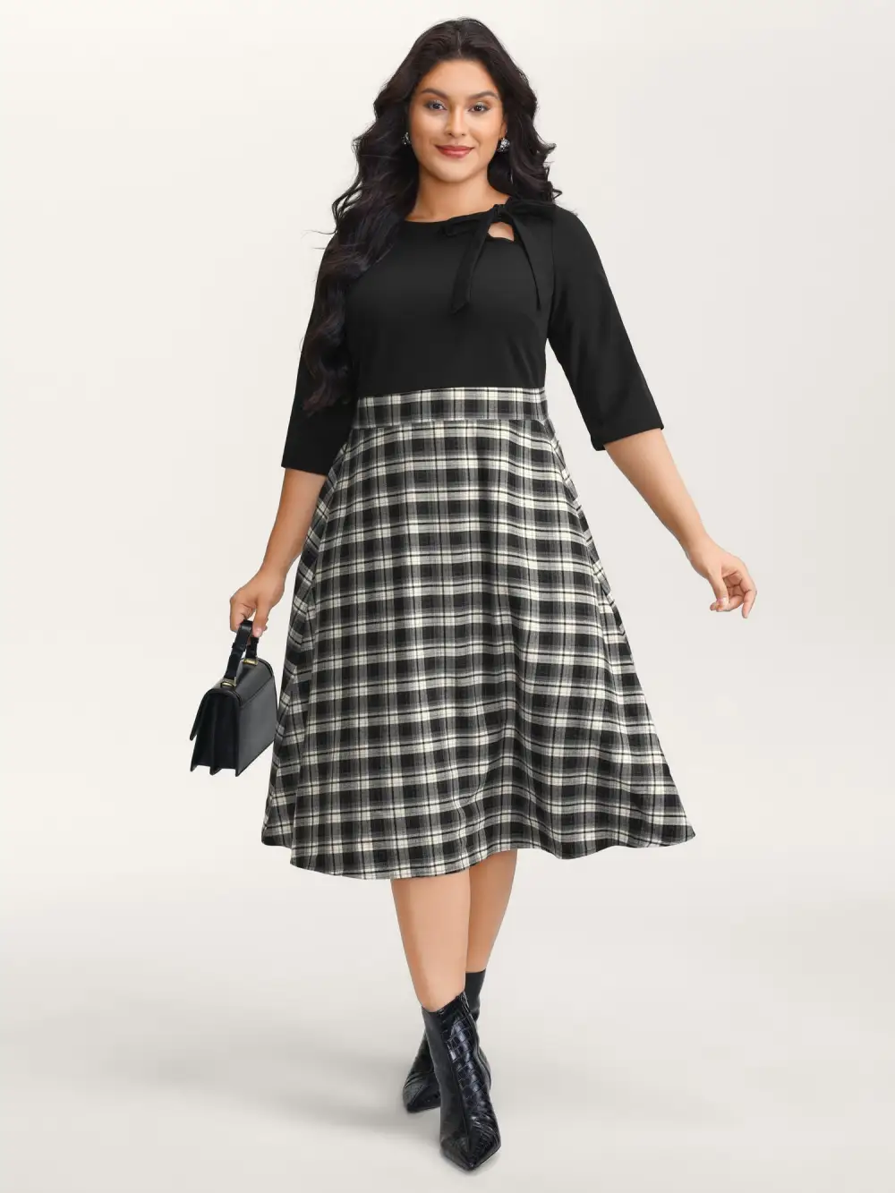 Checkered Print Bow Tie Contrast Midi Dress