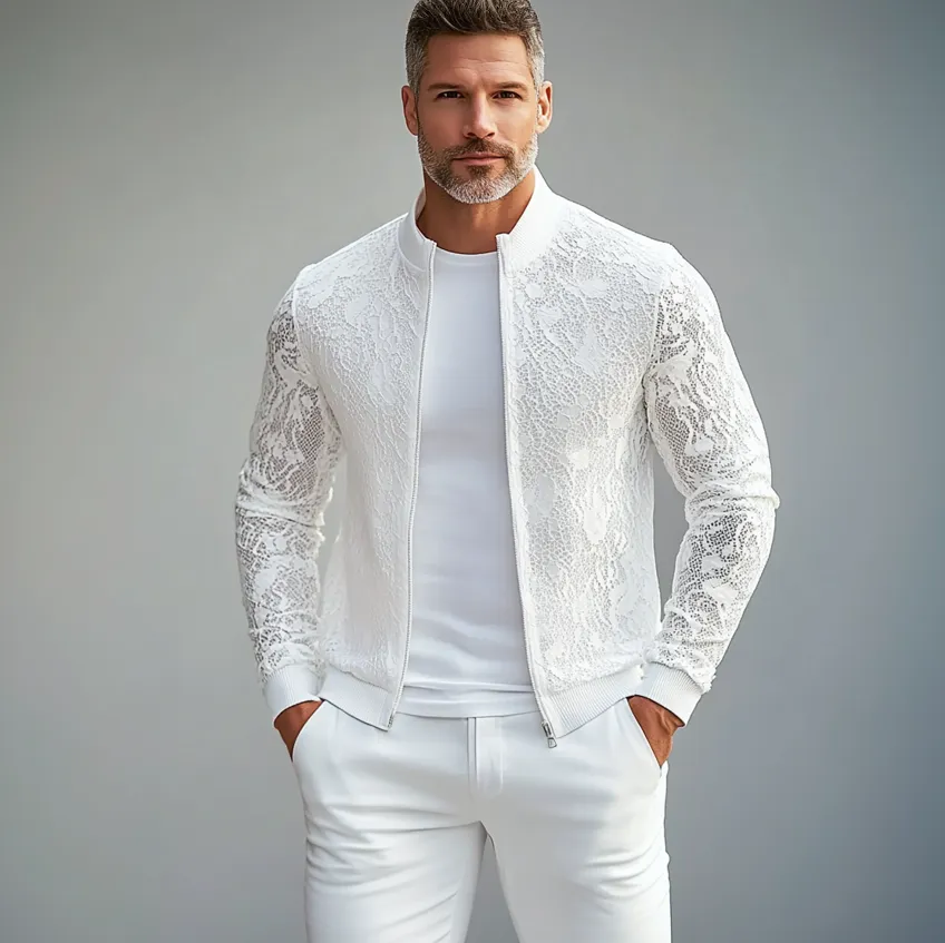 Men's Lace See-Through Stand Collar Zip Up Long Sleeve Jacket