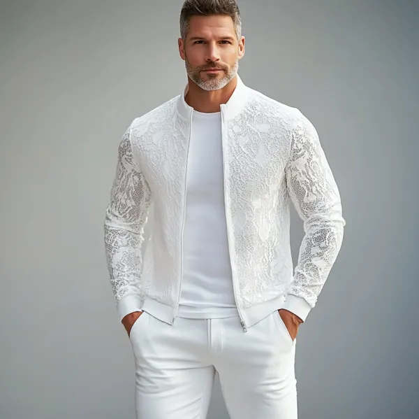 Men's Lace See-Through Stand Collar Zip Up Long Sleeve Jacket