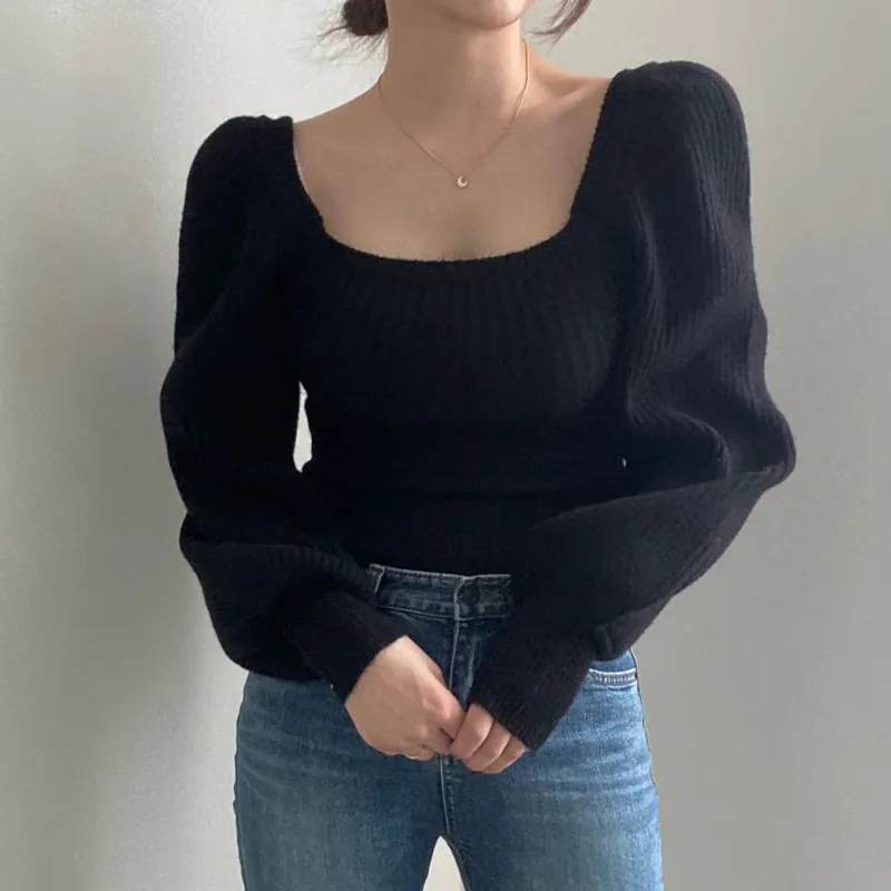 Plain Knit Top With Square Collar And Bubble Sleeves