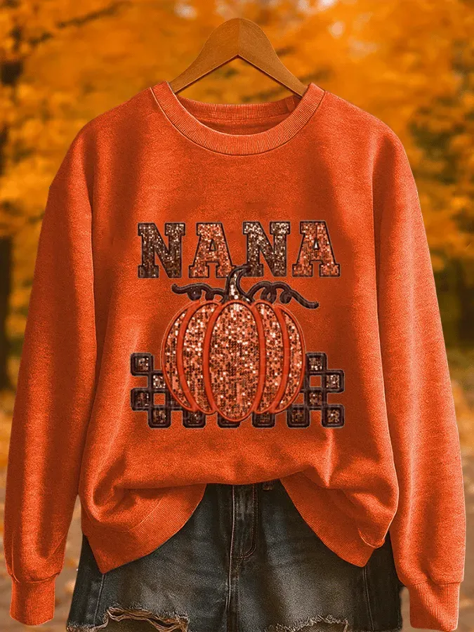 Women's Fall Thanksgiving Pumpkin Print Crew Neck Sweatshirt