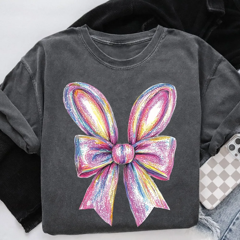 Easter Shiny Bunny Ear Bow Printed Round Neck Short Sleeve T-Shirt