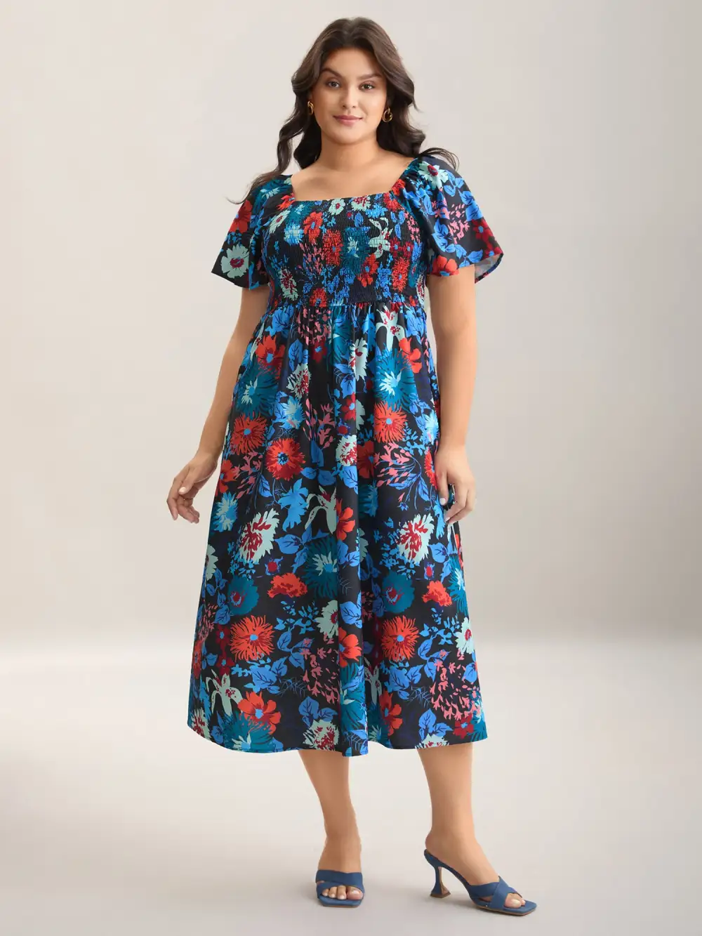 Floral Shirred Square Neck Pocket Midi Dress