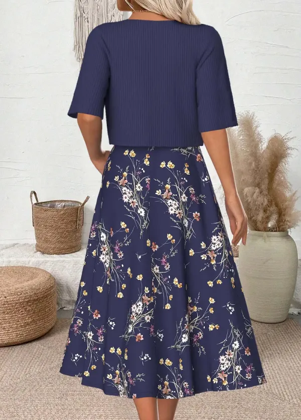 Navy Floral Print Half Sleeve Dress and Cardigan