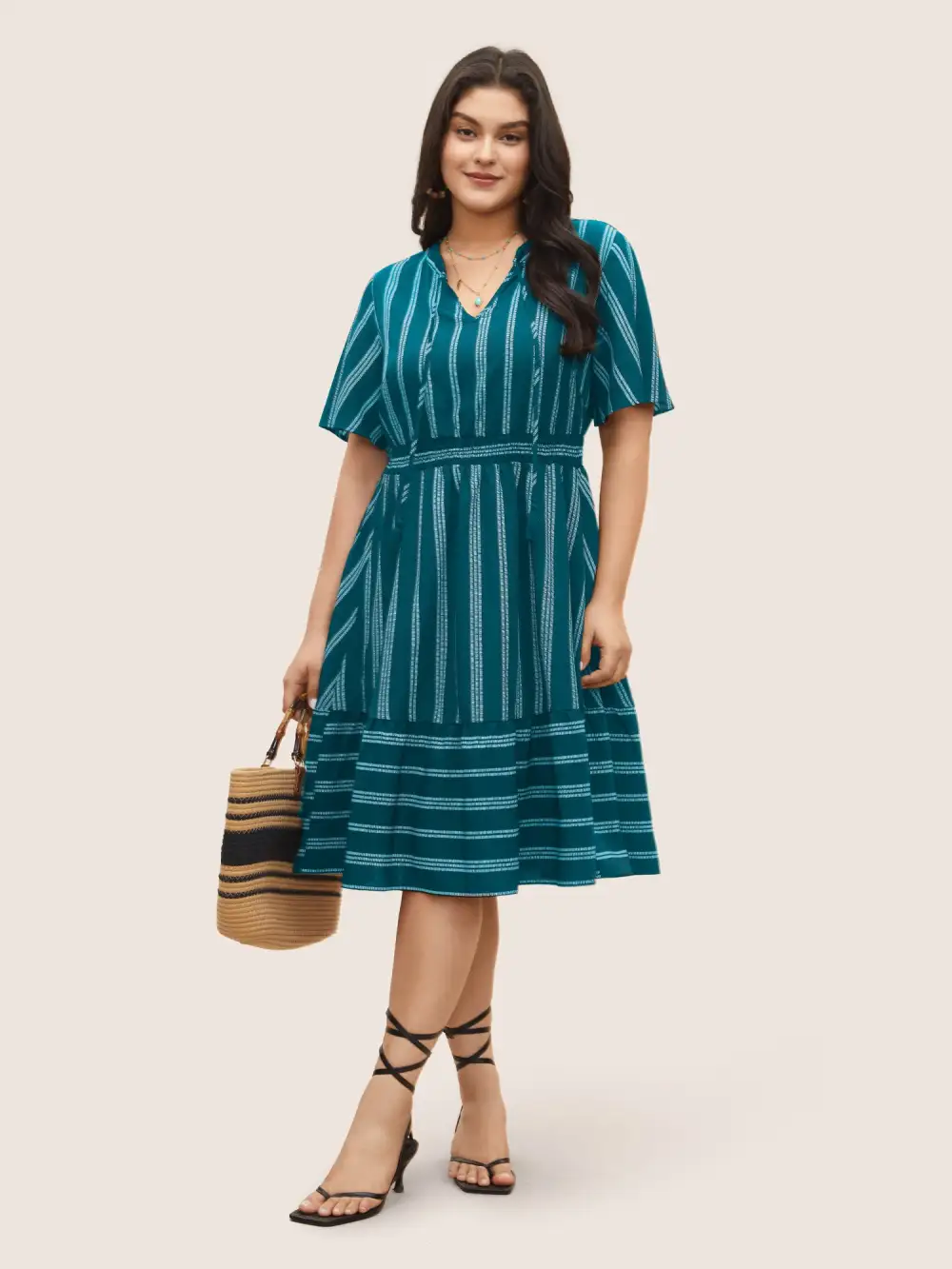 Striped Patchwork Tassels Ties Shirred Dress