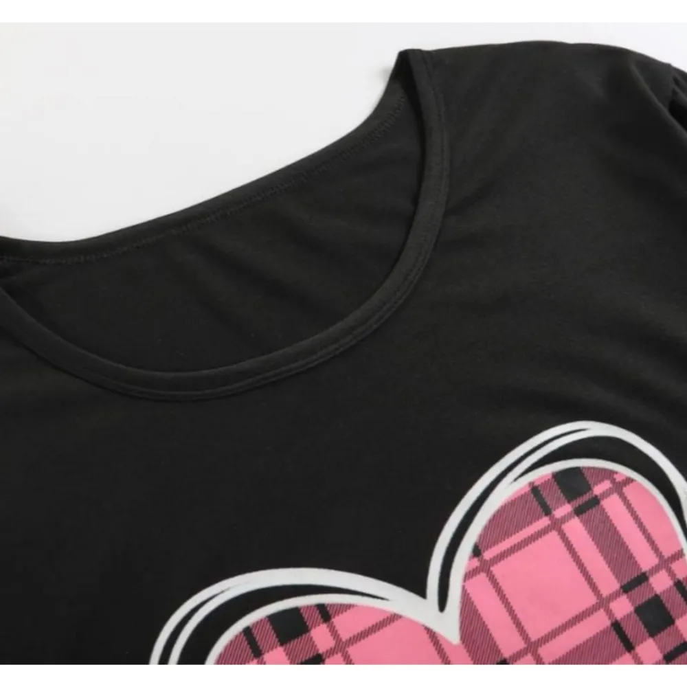 Two-piece Set Long Sleeve Heart Print Tee & Plaid Print