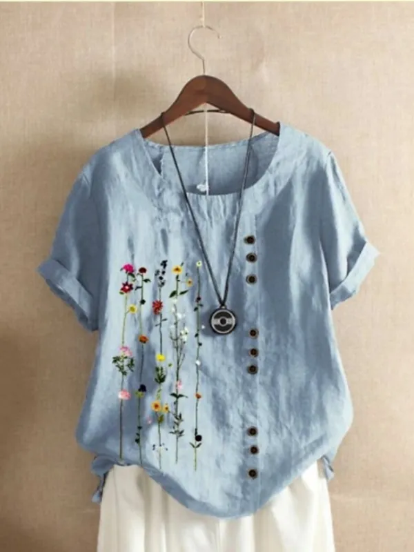 Women's Shirt Linen Shirt Blouse Floral Graphic Daily White Short Sleeve