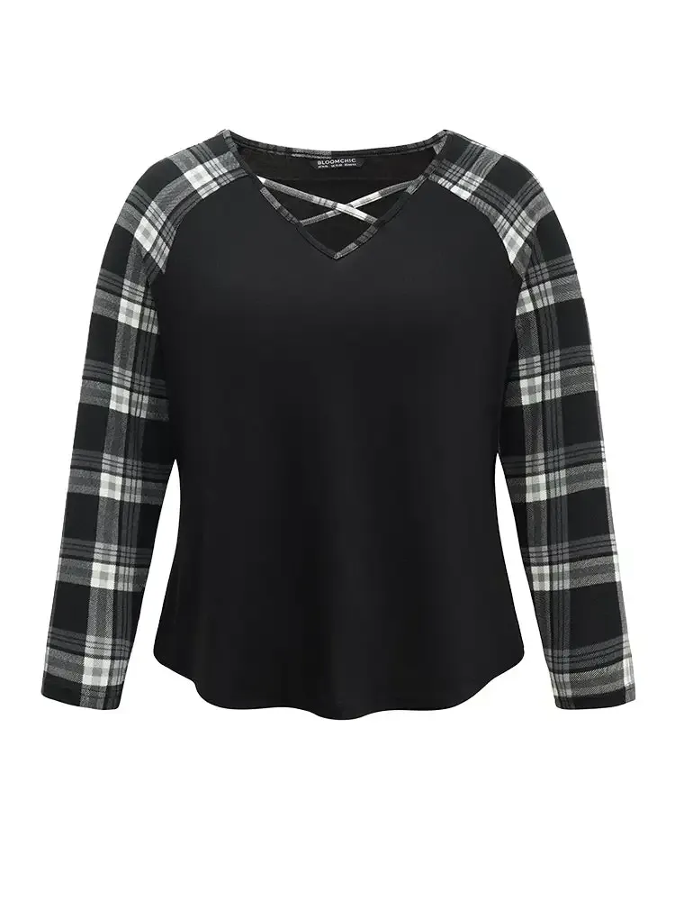 Plaid Patchwork Raglan Sleeve Crisscross T-Shirt