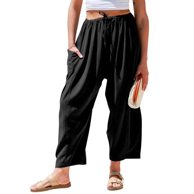 Women’s Oversized Linen Wide-Leg Pants – Casual Loose Fit Beach Palazzo Trousers with Pockets