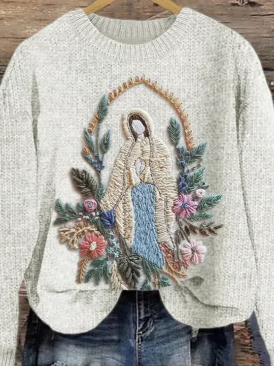 Women's Christian Virgin Mary Floral Knitted Sweatshirt