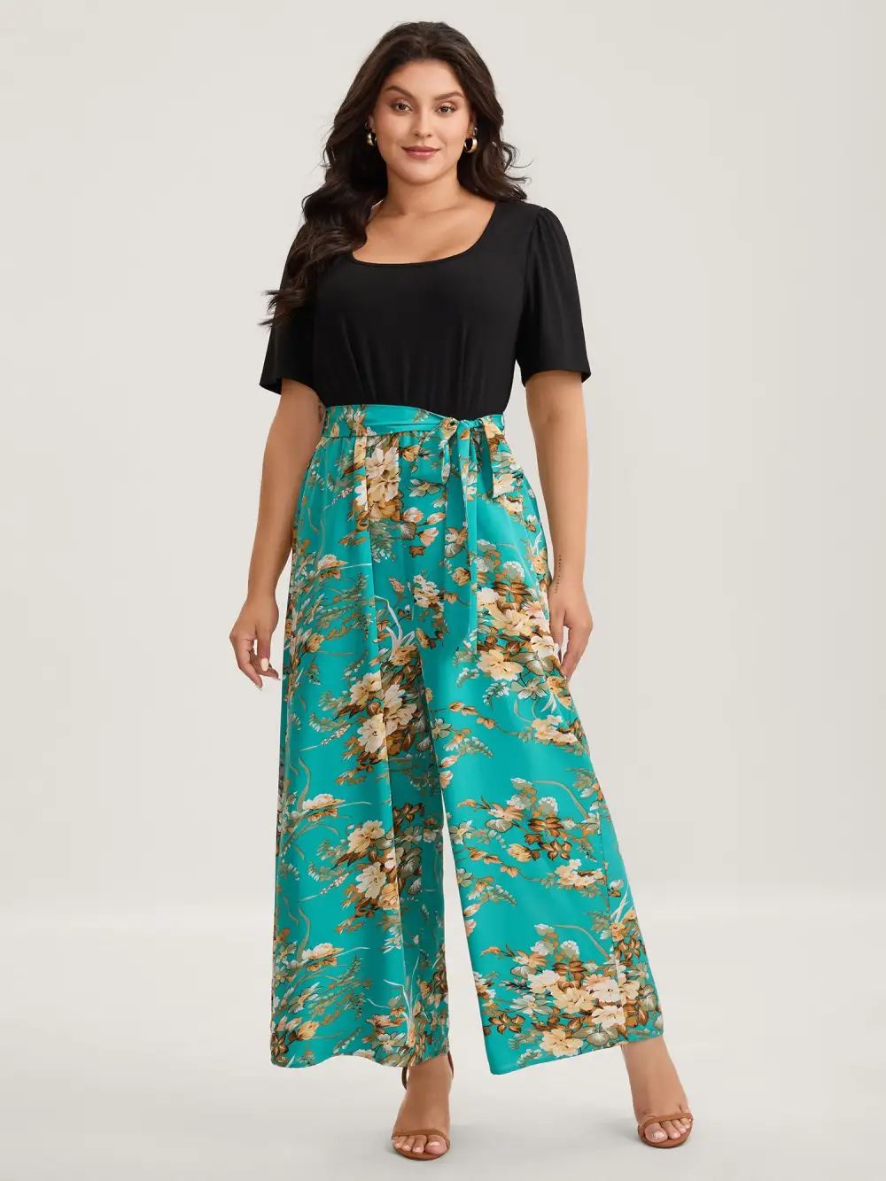 Color Contrast Belted Panel Pockets Jumpsuit