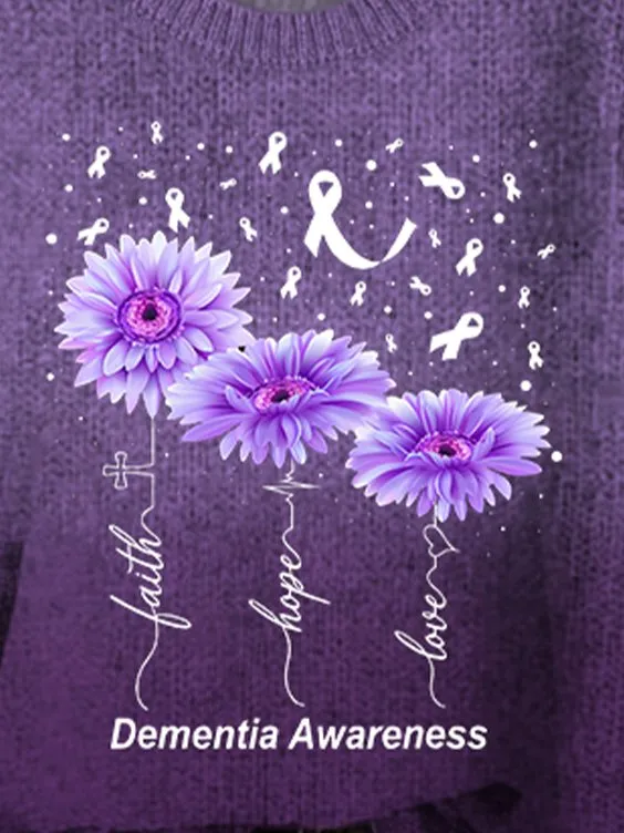 Women's Faith Hope Love Alzheimer's Awareness Print Crew Neck Knitted Casual Sweater