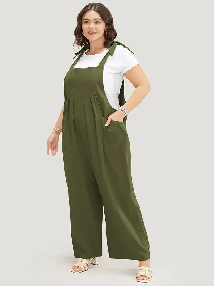 Solid Pleated Detail Pocket Knotted Shoulder Overall Jumpsuit