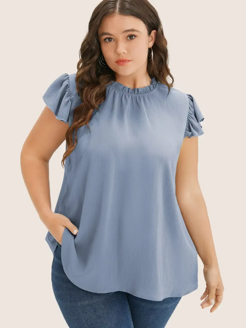 Plain Mock Neck Cap Sleeve Ruffle Trim Blouse
