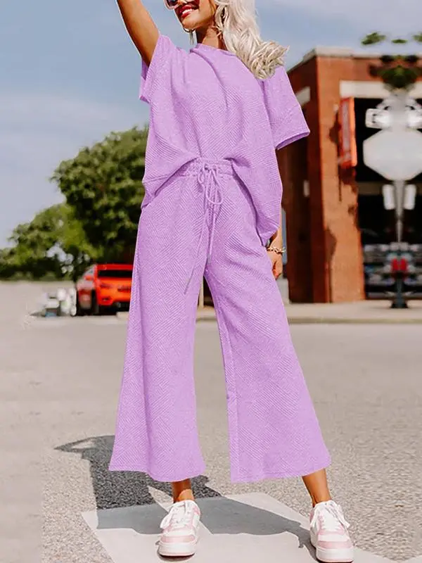 Women's 2-Piece Knit Loungewear Set – Short Sleeve Top & Cropped Wide Leg Pants