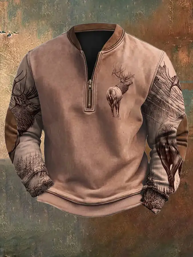 Men's Vintage Western Elk Silhouette Print Zip-Neck Sweatshirt