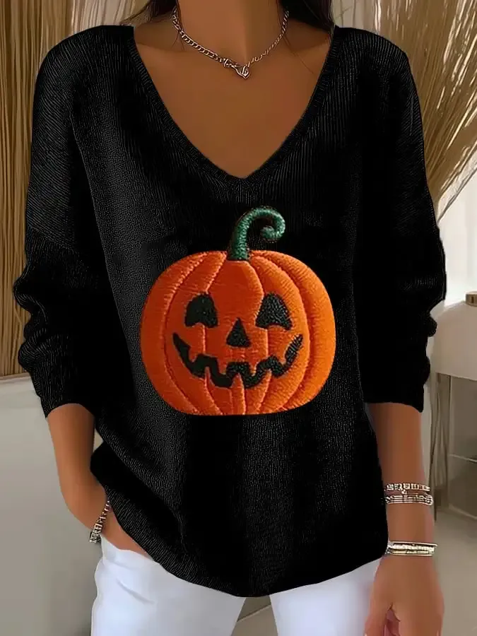 Women's Retro Autumn Pumpkin Print Sweater