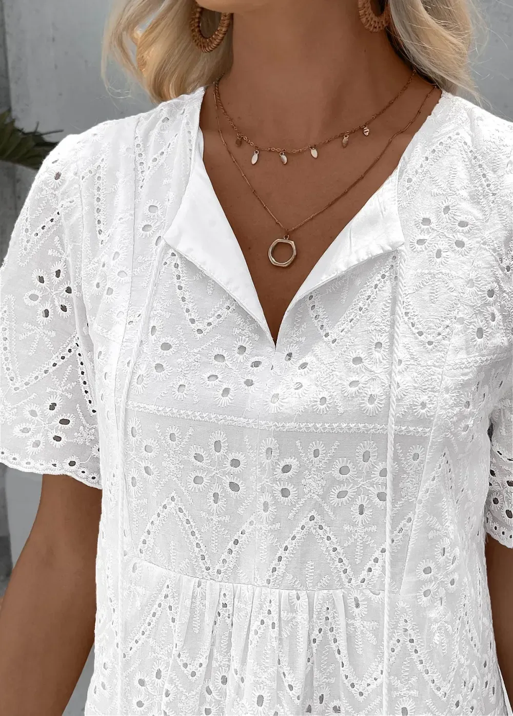 White A Line Short Sleeve Split Neck Dress