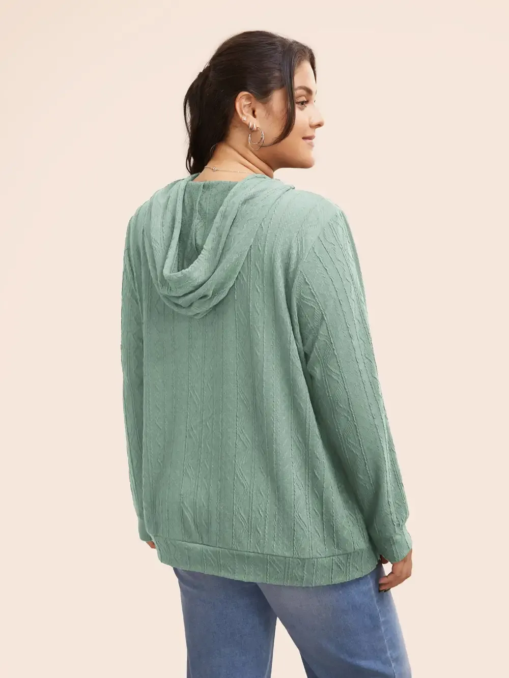 Plain Textured Hooded Drawstring Sweatshirt