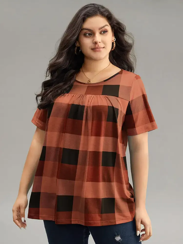 Plaid Round Neck Gathered T-Shirt