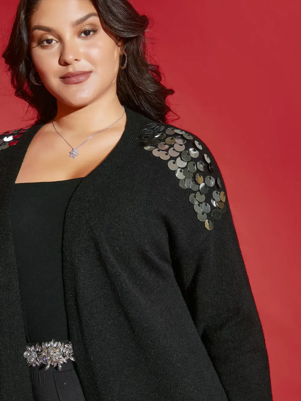 Supersoft Essentials Silver Sequins Shoulder Open Cardigan