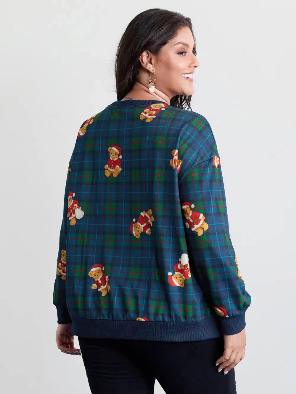 Holiday Bear Plaid Round Neck Sweatshirt