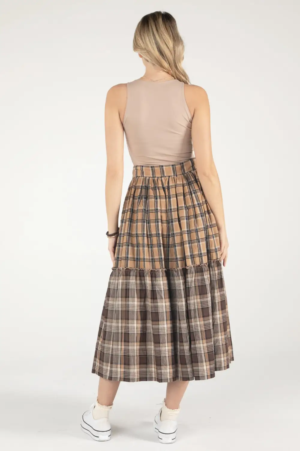 Mixed Plaid Midi Skirt