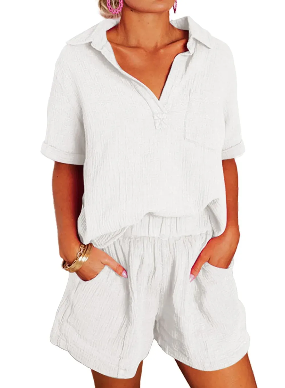 ✨Women's Two Piece Outfits V Neck Short Sleeve Shirts and High Waist Shorts Lounge Sets